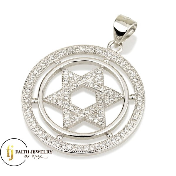 Star of David in two circles Pendant Sterling silver with Zircon stones