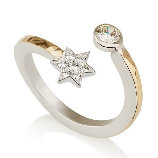 Open sterling silver and hammered 9K gold ring with CZ-set Star of David on one end and round bezel-set CZ stone on the other