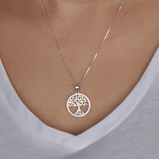 Tree of Life Necklace – 925 Sterling Silver with Zircon Stones – Spiritual Jewish Jewelry with 18+2" Box Chain