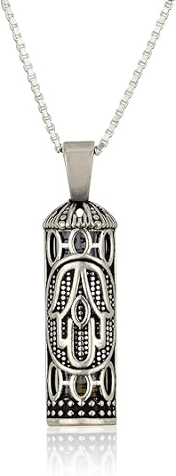 Ha’Esh Sheli Mezuzah Necklace – 925 Sterling Silver – Double-Sided Flame & Hamsa Design – 1.05" Pendant with Chain
