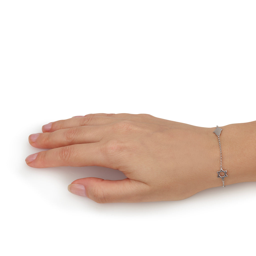 925 Sterling Silver Bracelet with Star of David, Hamsa & Chai Symbols