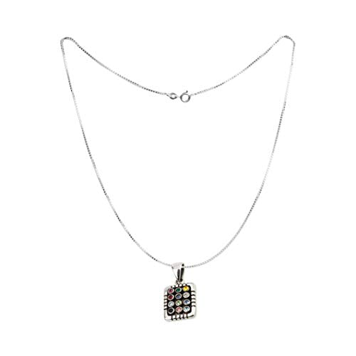 A silver Hoshen Twelve Tribes necklace with a rectangular pendant featuring a grid of small multicolored gemstones, shown against a plain white background.