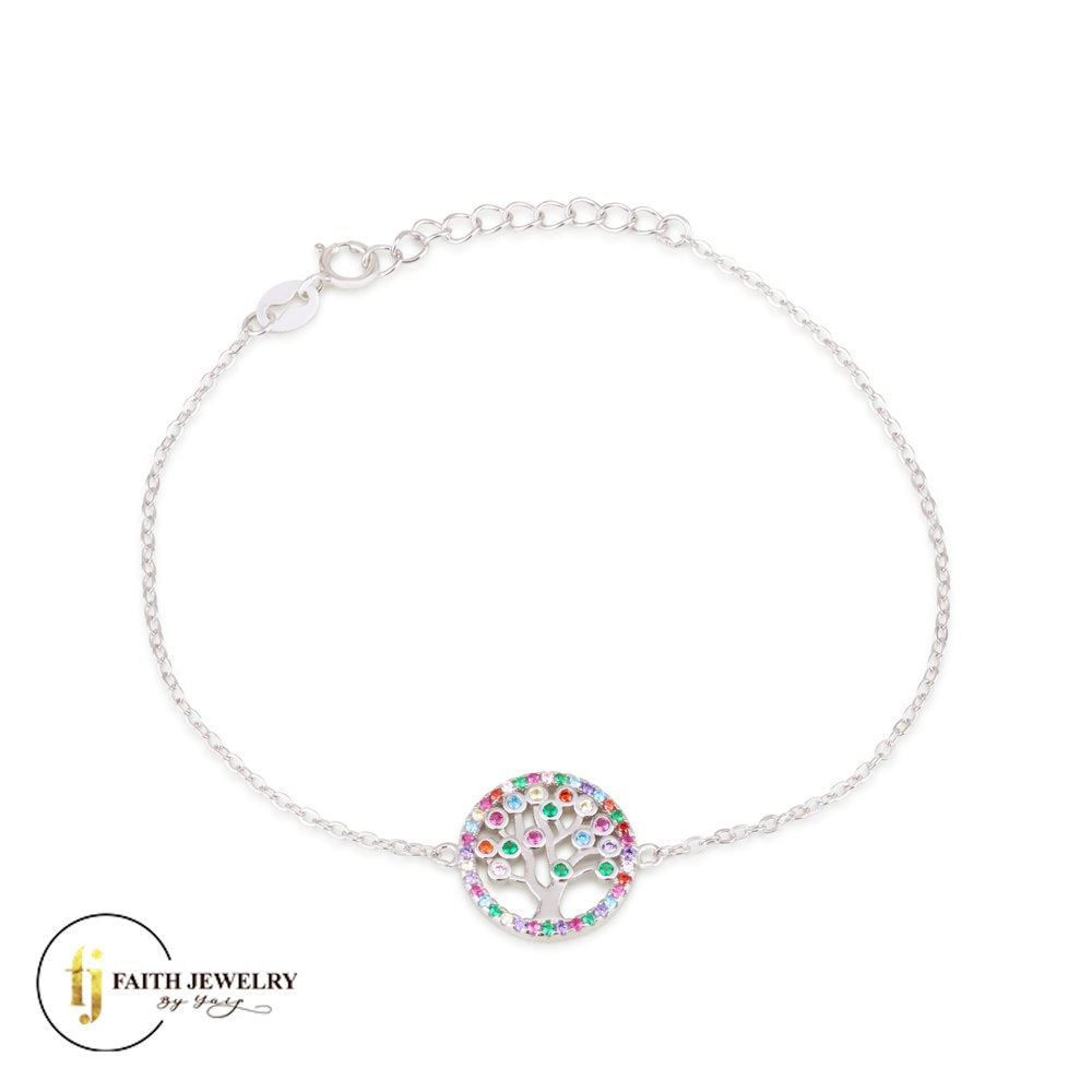 Silver Tree of Life bracelet with clear zircon stones