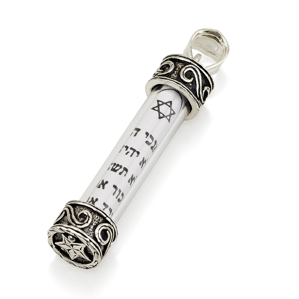 925 Sterling Silver Mezuzah Necklace – Ten Commandments Scroll – Star of David – 1.47" Pendant with 18+2" Chain