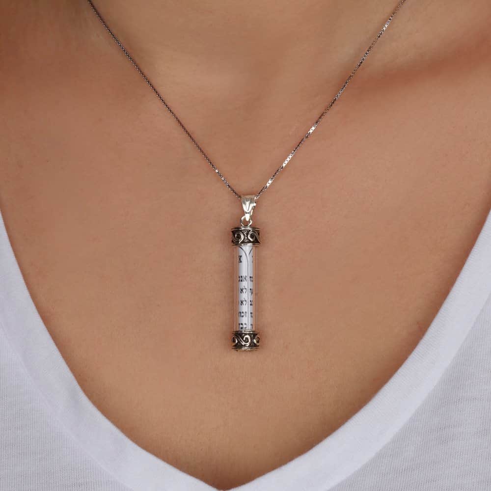 925 Sterling Silver Mezuzah Necklace – Ten Commandments Scroll – Star of David – 1.47" Pendant with 18+2" Chain