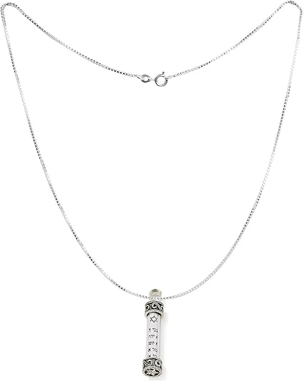 925 Sterling Silver Mezuzah Necklace – Ten Commandments Scroll – Star of David – 1.47" Pendant with 18+2" Chain