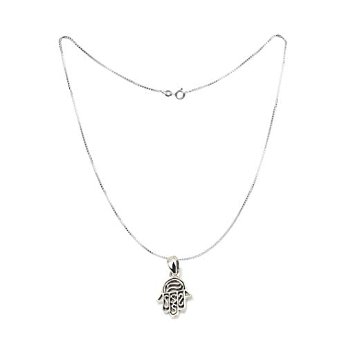 A silver Hamsa hand pendant necklace on a delicate silver chain, displayed against a plain white background.