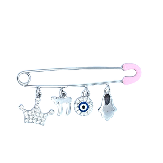Pink Safety Pin with Charms – 925 Sterling Silver – 2" for Stroller or Blanket (2 Designs)