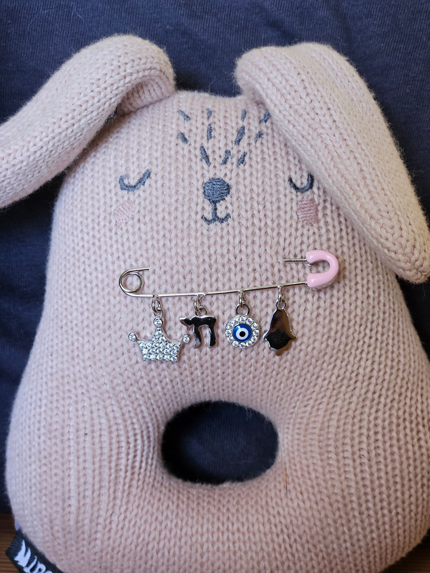Pink Safety Pin with Charms – 925 Sterling Silver – 2" for Stroller or Blanket (2 Designs)