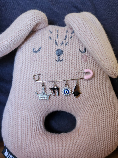Pink Safety Pin with Charms – 925 Sterling Silver – 2" for Stroller or Blanket (2 Designs)