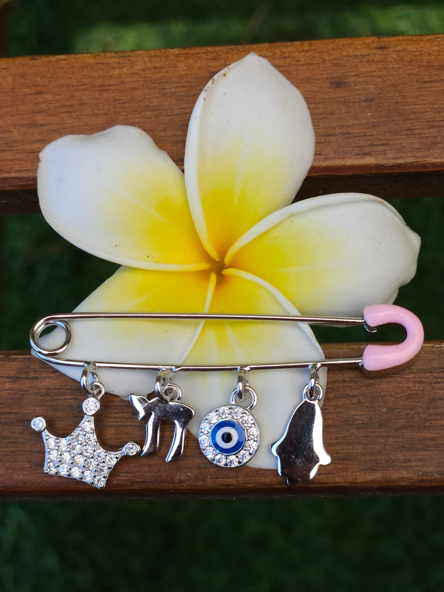 Pink Safety Pin with Charms – 925 Sterling Silver – 2" for Stroller or Blanket (2 Designs)