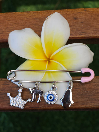 Pink Safety Pin with Charms – 925 Sterling Silver – 2" for Stroller or Blanket (2 Designs)