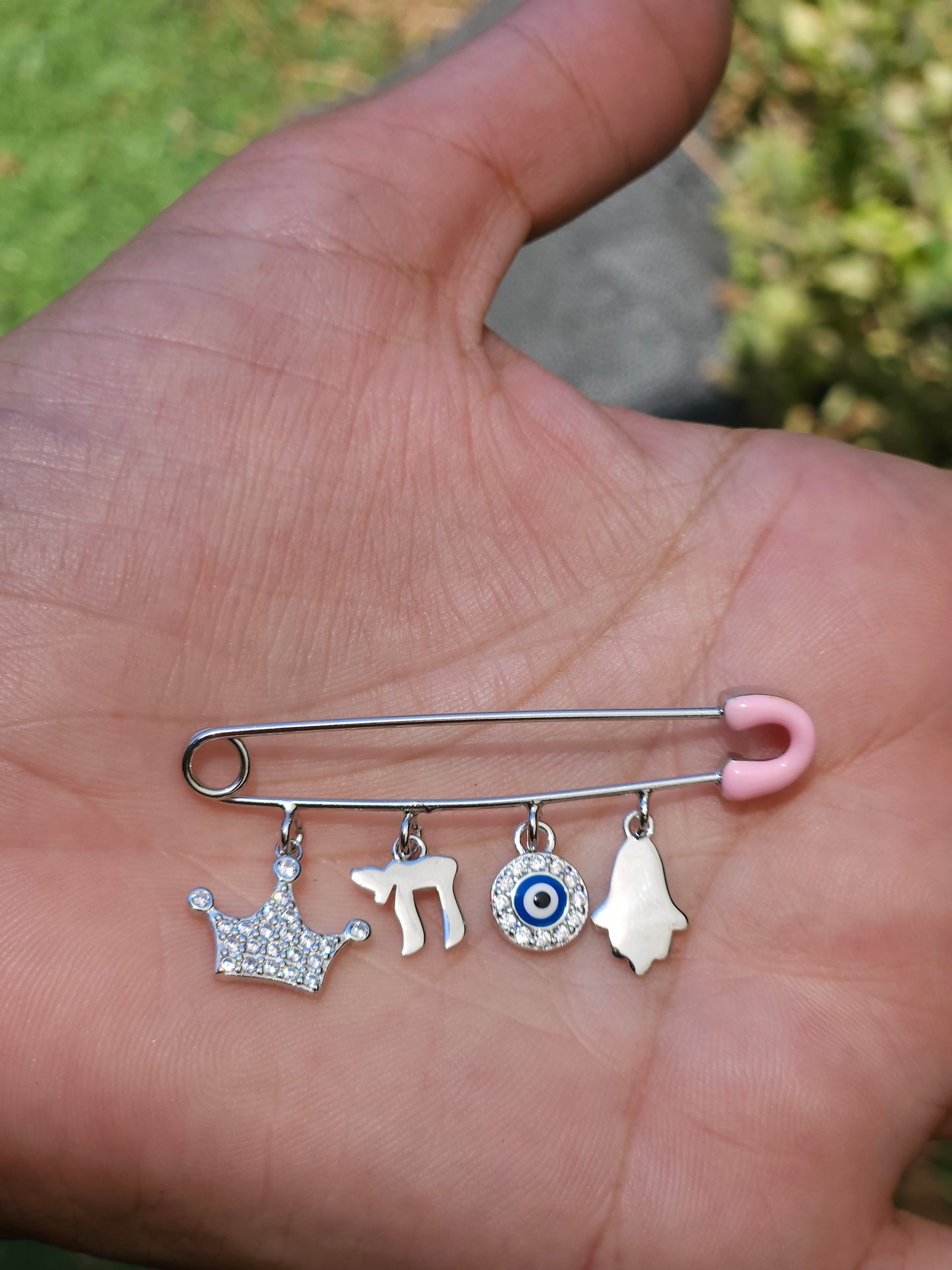 Pink Safety Pin with Charms – 925 Sterling Silver – 2" for Stroller or Blanket (2 Designs)