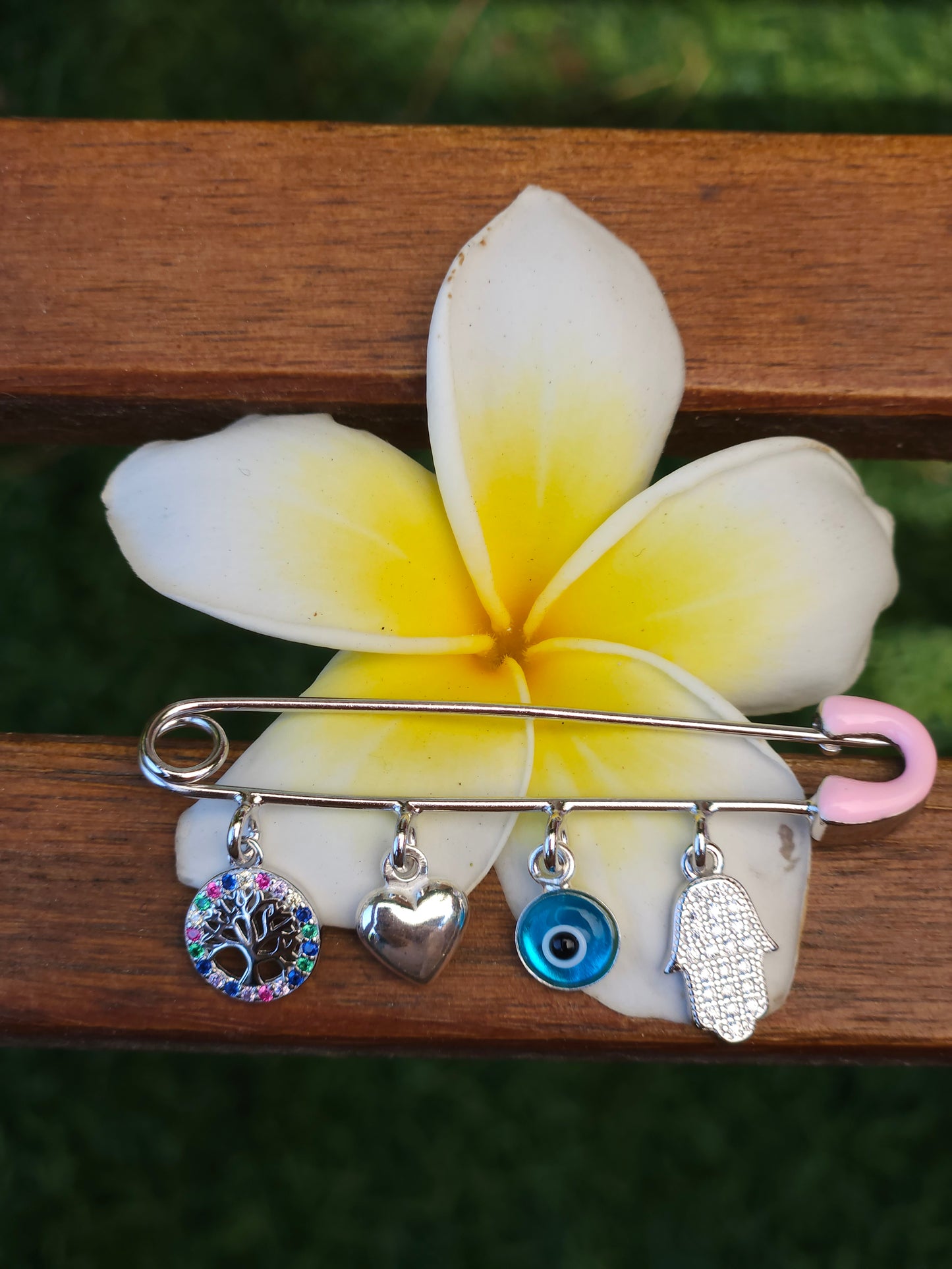 Pink Safety Pin with Charms – 925 Sterling Silver – 2" for Stroller or Blanket (2 Designs)