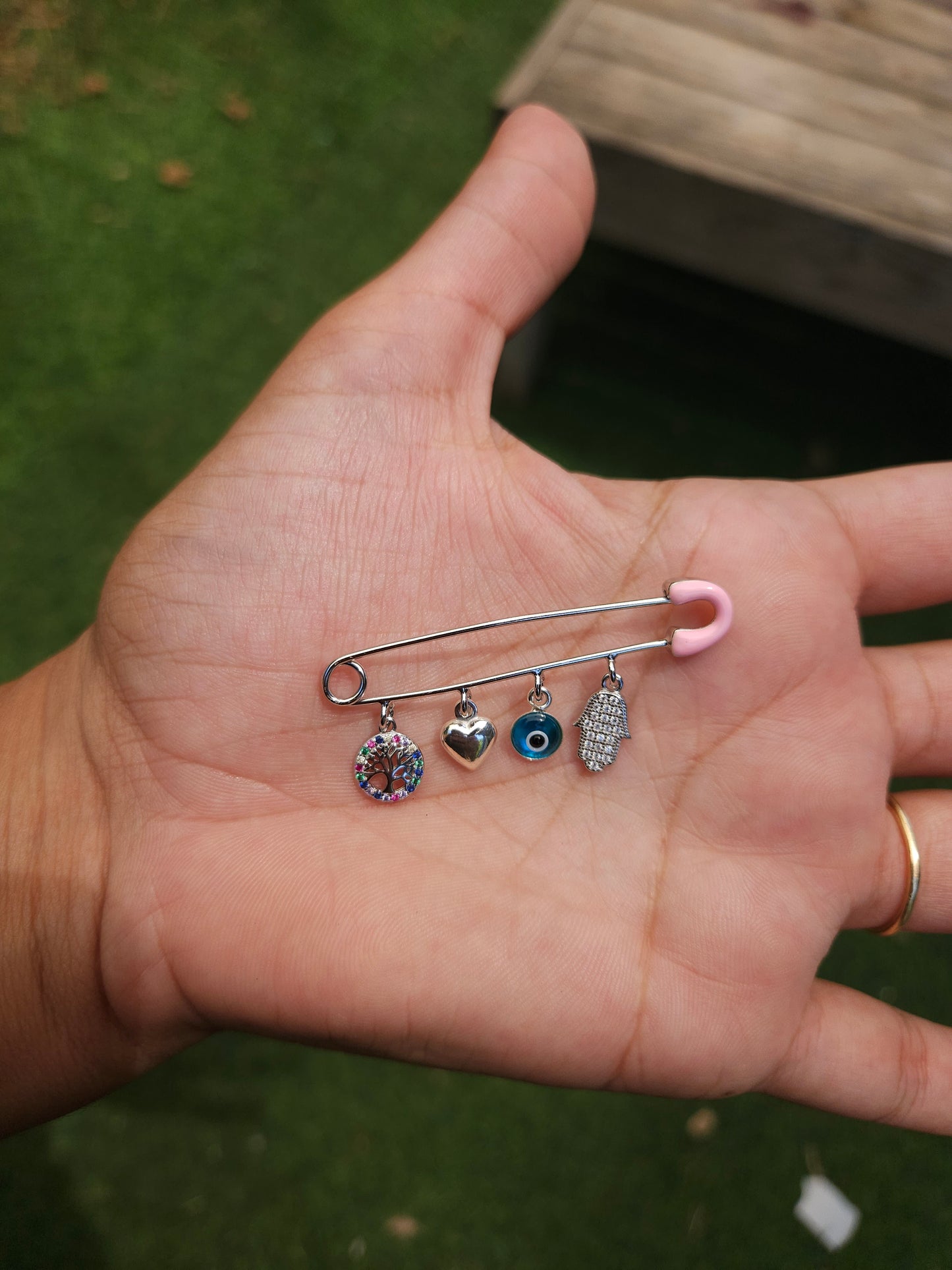Pink Safety Pin with Charms – 925 Sterling Silver – 2" for Stroller or Blanket (2 Designs)
