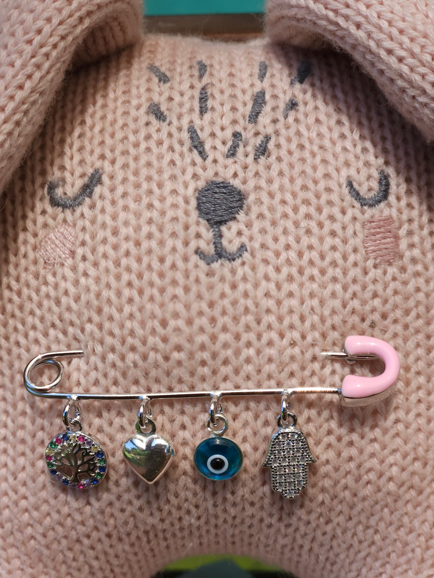 Pink Safety Pin with Charms – 925 Sterling Silver – 2" for Stroller or Blanket (2 Designs)
