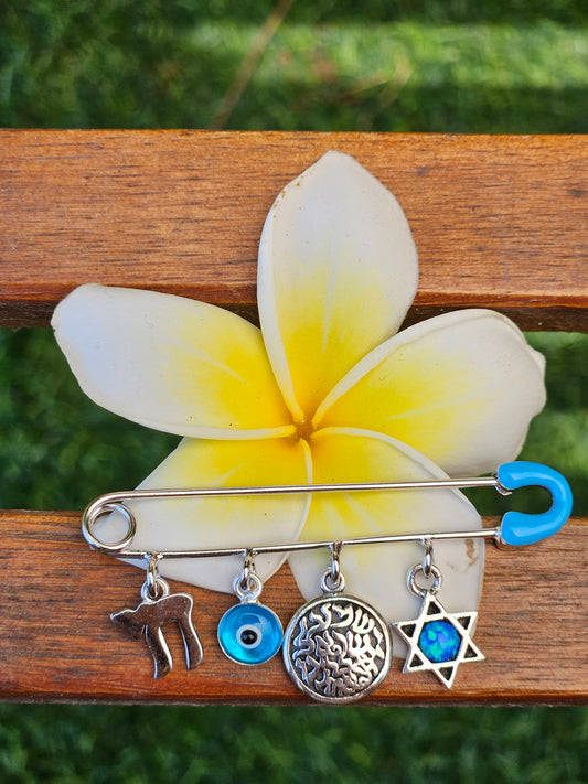 Blue Safety Pin with Charms – 925 Sterling Silver – 2" for Stroller or Blanket