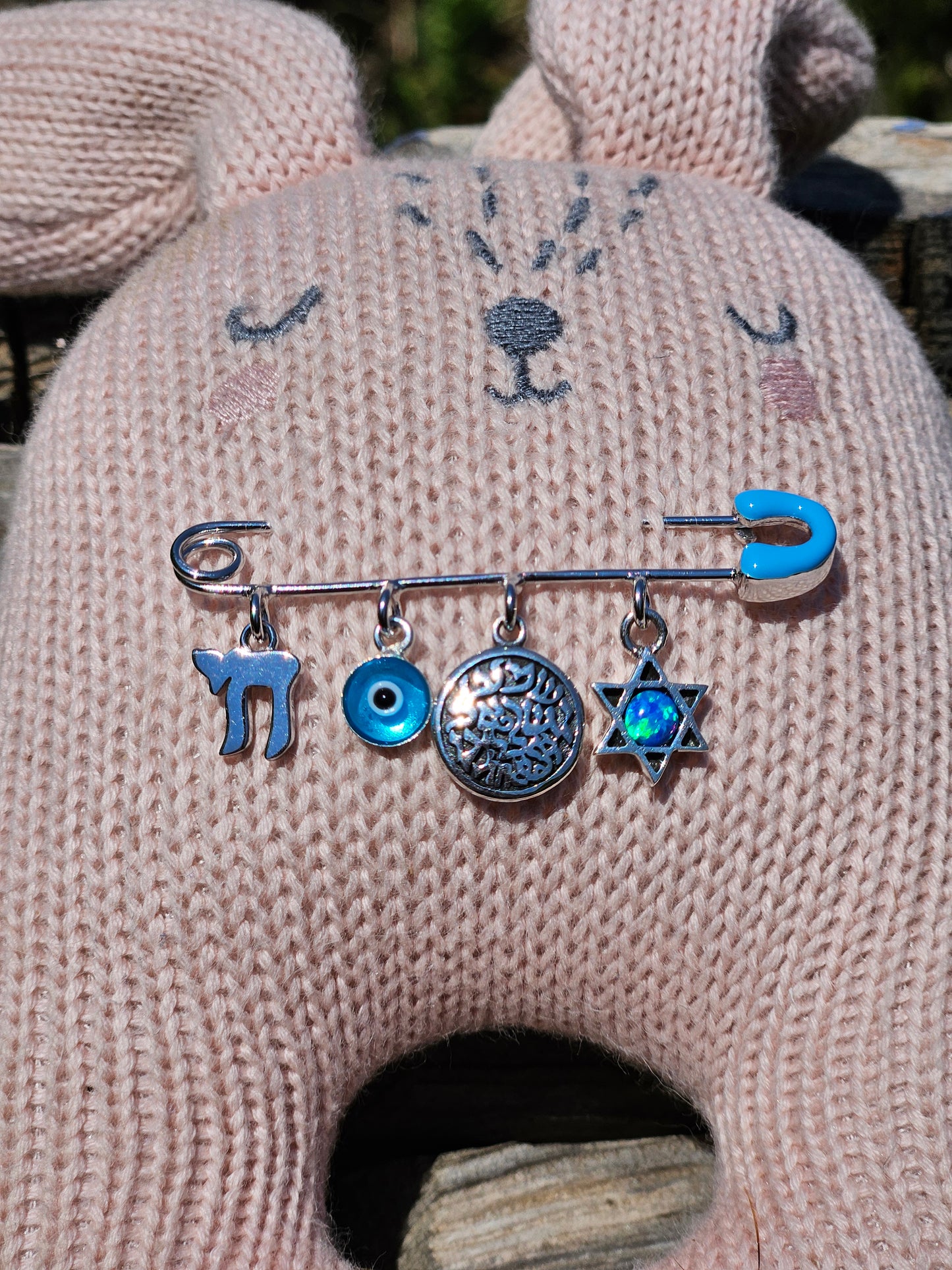 Blue Safety Pin with Charms – 925 Sterling Silver – 2" for Stroller or Blanket