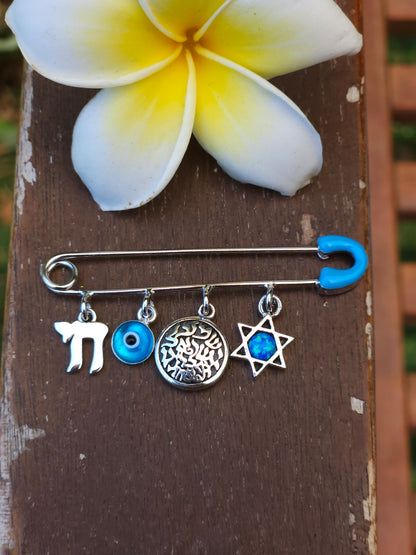 Blue Safety Pin with Charms – 925 Sterling Silver – 2" for Stroller or Blanket