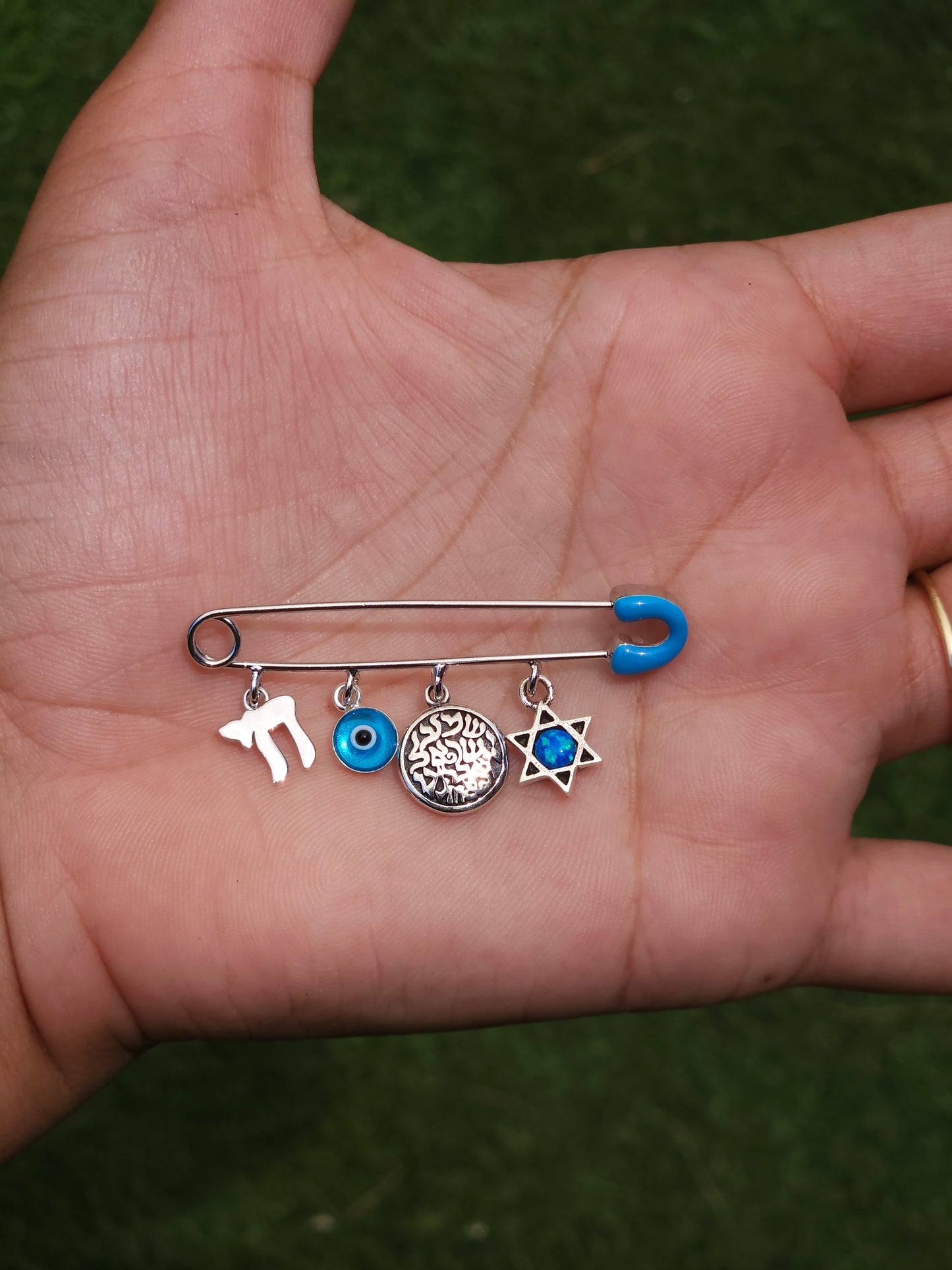 Blue Safety Pin with Charms – 925 Sterling Silver – 2" for Stroller or Blanket