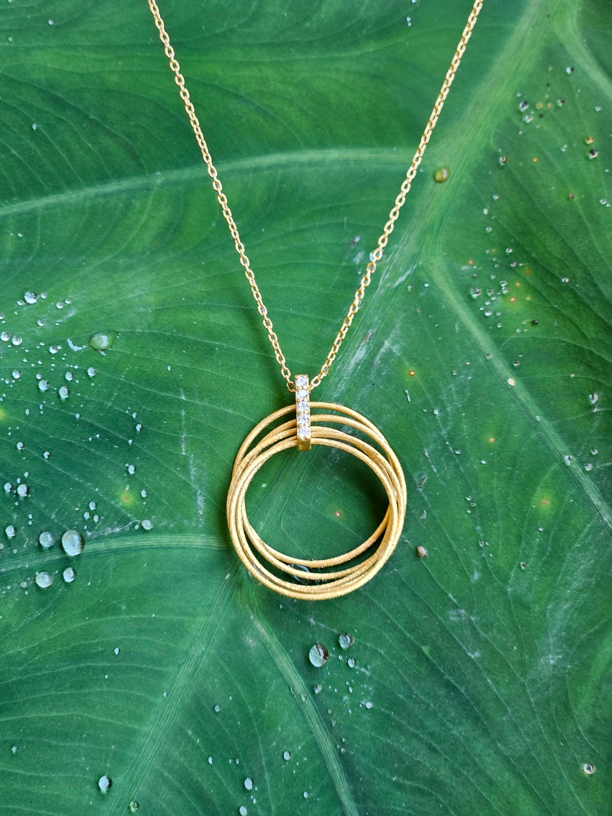 Gold necklace with circular pendants on a green leaf with water droplets