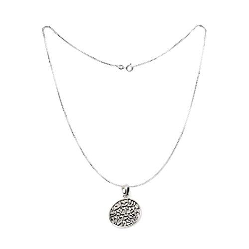 A silver shema israel chain necklace with a round, textured pendant, displayed against a plain white background.