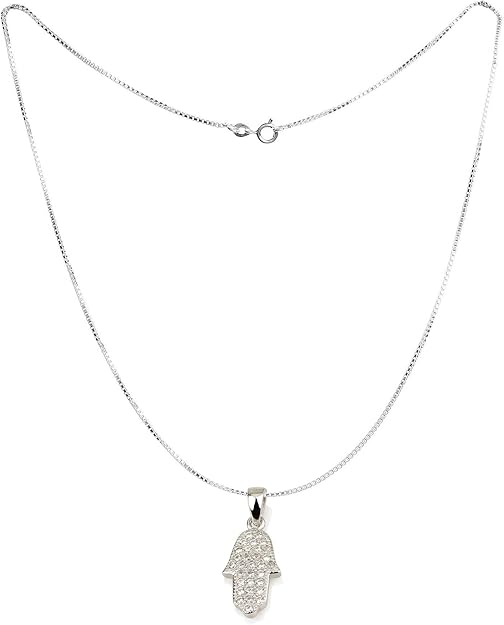 Small Hamsa Pendant Necklace in 925 Sterling Silver with Zircon Stones