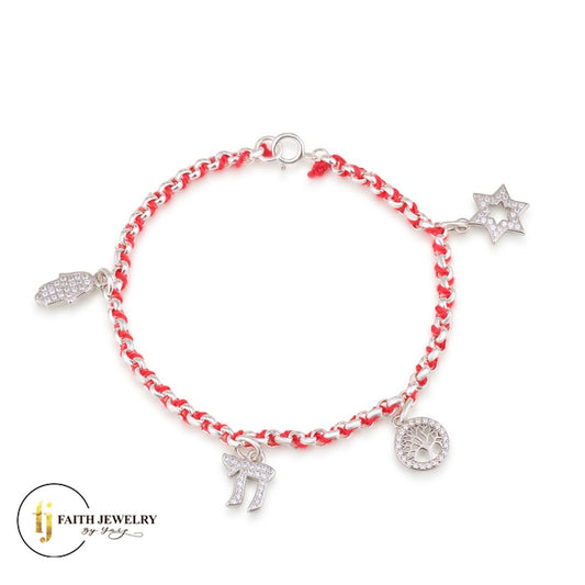Red string Jewish charm bracelet in 925 sterling silver