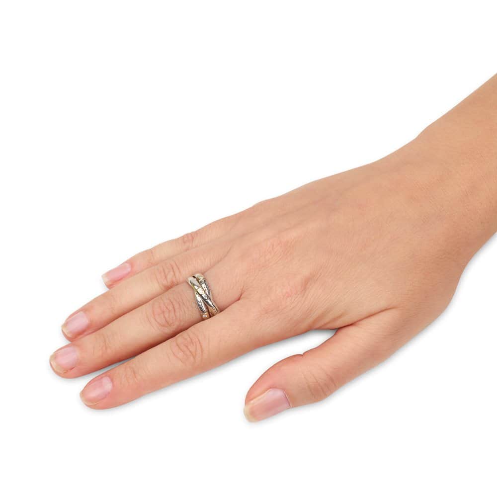Three interlocking Hebrew blessing rings in 925 sterling silver with 9K gold accents, CZ stones, and engraved Jewish prayers – SOR908