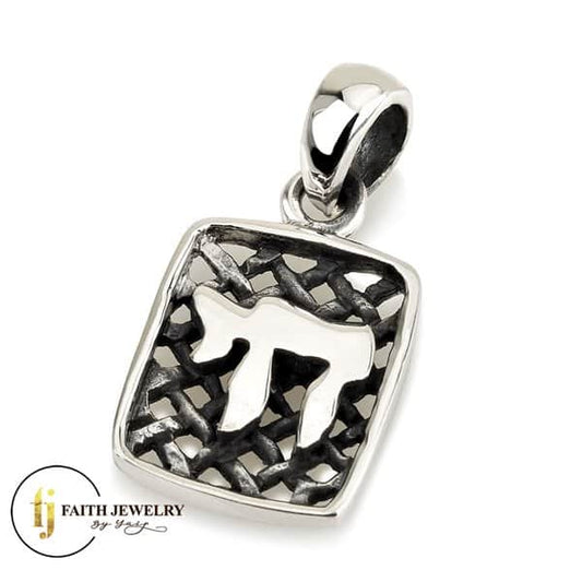 Sterling silver rectangular Chai necklace with openwork lattice design