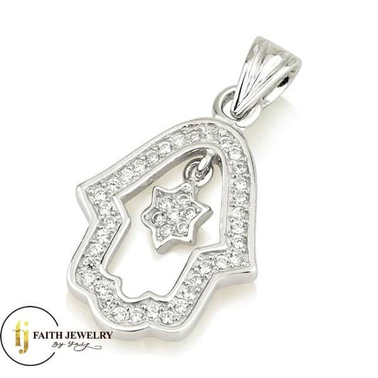 Sterling silver Hamsa necklace with Star of David and zircon stones