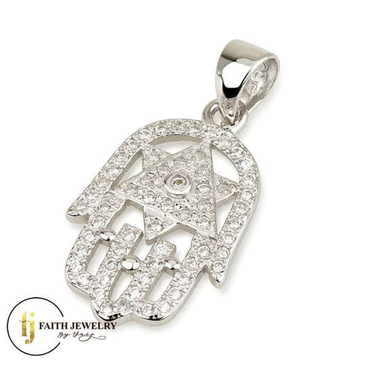 Sterling silver Hamsa Star of David necklace with zircon stones