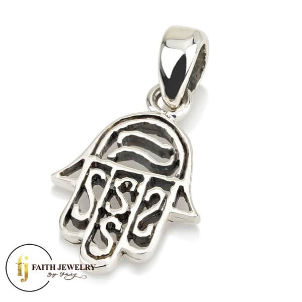 Openwork 925 sterling silver Hamsa necklace with darkened details