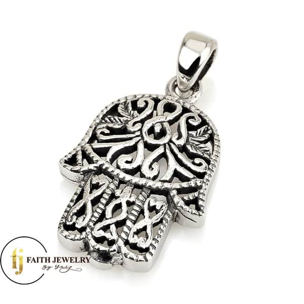 Oxidized sterling silver Hamsa necklace with ornate openwork design