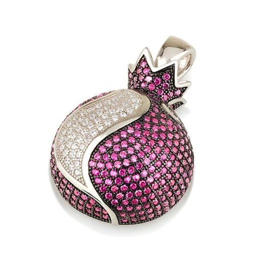 Large sterling silver pomegranate necklace with red and white zircon stones