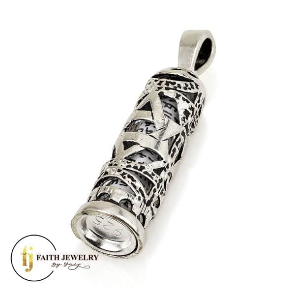 Sterling silver Star of David Mezuzah necklace with decorative scroll