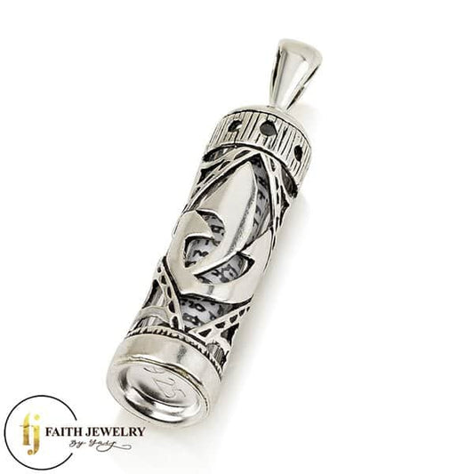 Sterling silver Shin Mezuzah necklace with decorative scroll