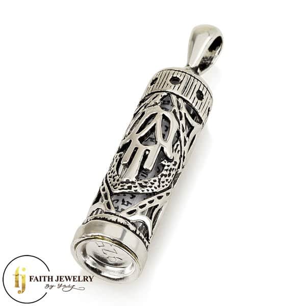 Sterling silver Hamsa Mezuzah necklace with decorative scroll