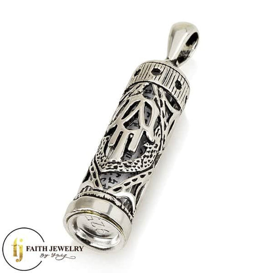 Sterling silver Hamsa Mezuzah necklace with decorative scroll