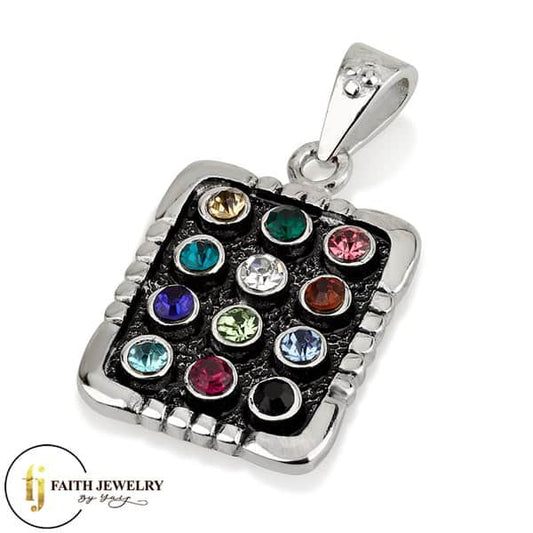 Oxidized sterling silver Hoshen Twelve Tribes necklace with colorful stones