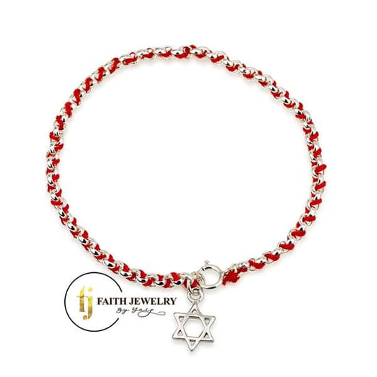 Red string Star of David bracelet in 925 sterling silver