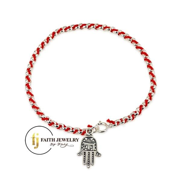 Red string Hamsa Chai bracelet in 925 sterling silver