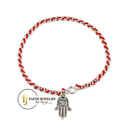 Red string Hamsa Chai bracelet in 925 sterling silver