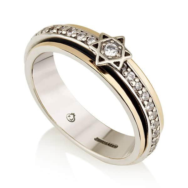 Star of David ring in 925 sterling silver and genuine 9K gold with clear CZ stones and black center band – SOR783