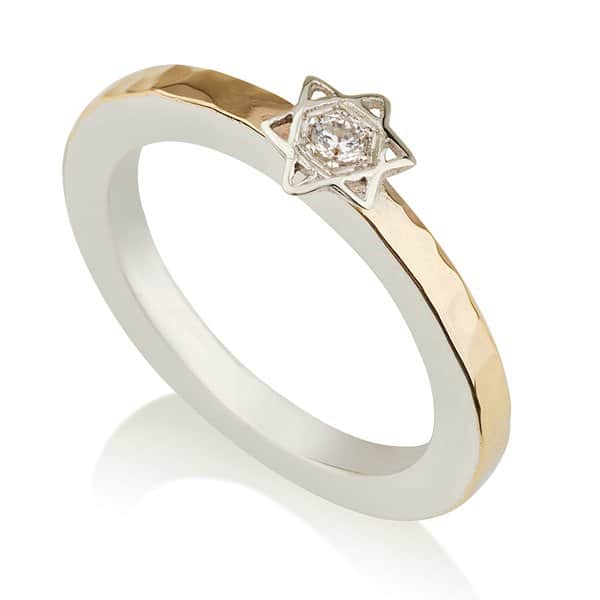 Delicate Star of David ring with central clear CZ stone, hammered 9K gold band and polished 925 sterling silver