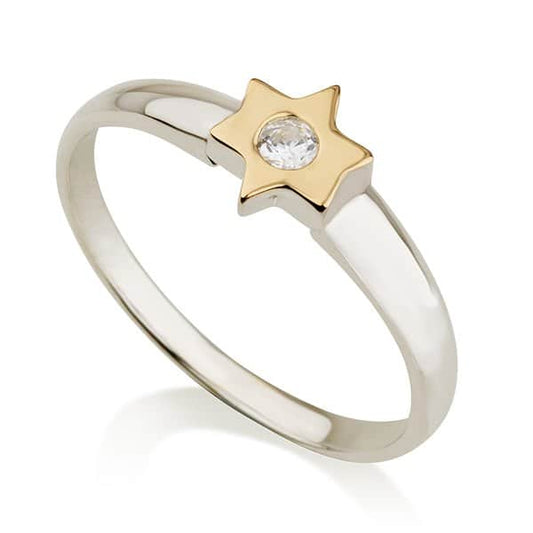 Polished sterling silver ring with solid 9K gold Star of David and round clear CZ stone, photographed on white background