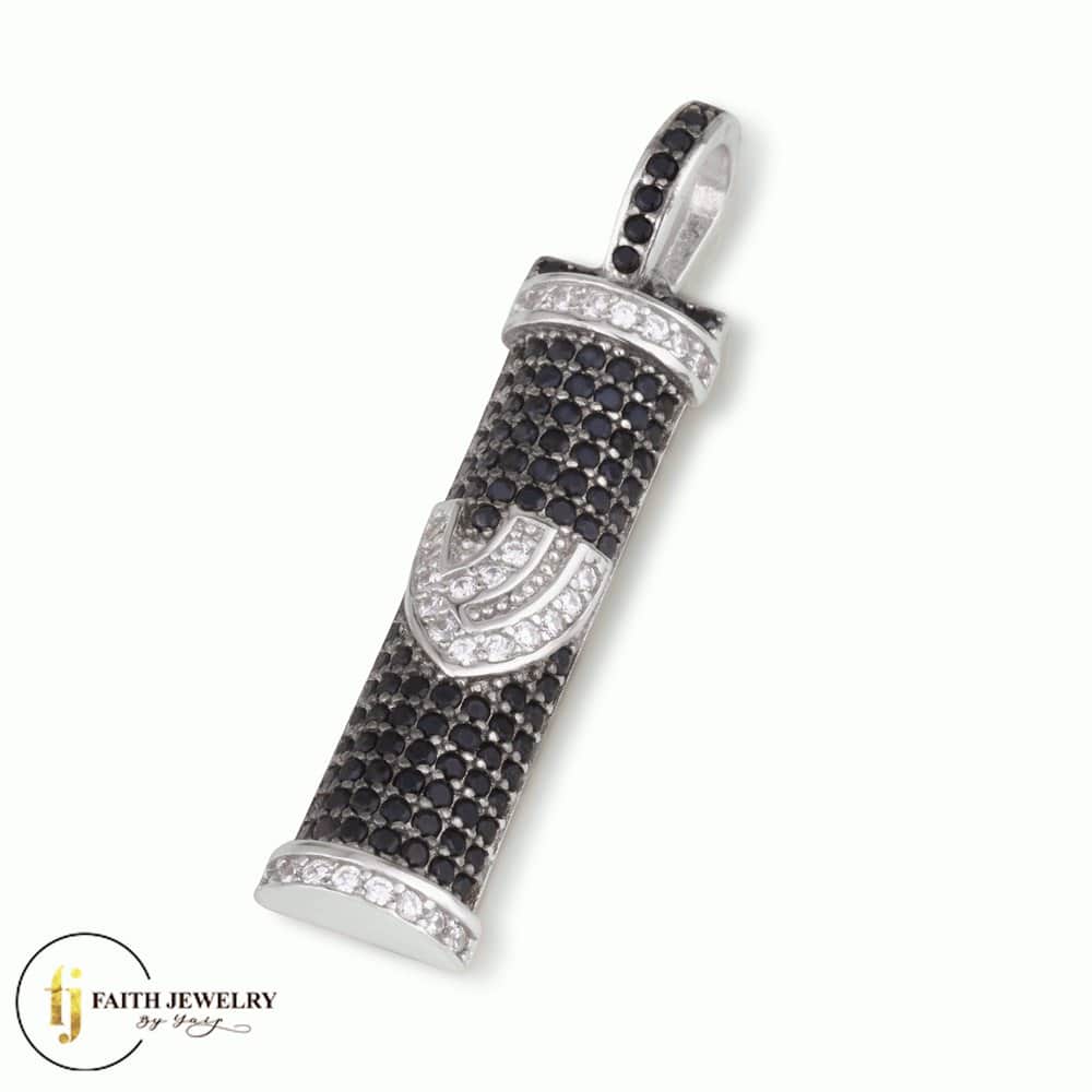 Black zircon Shin Mezuzah necklace in 925 sterling silver