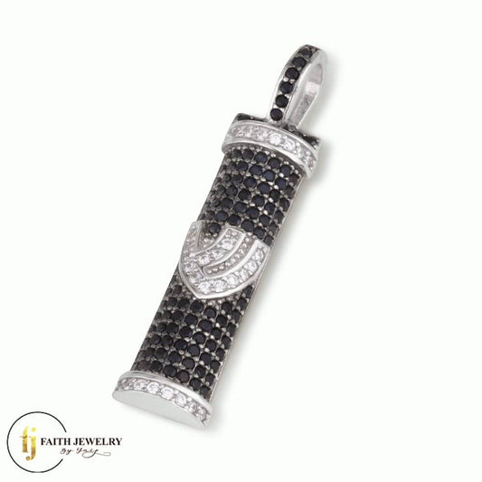 Black zircon Shin Mezuzah necklace in 925 sterling silver