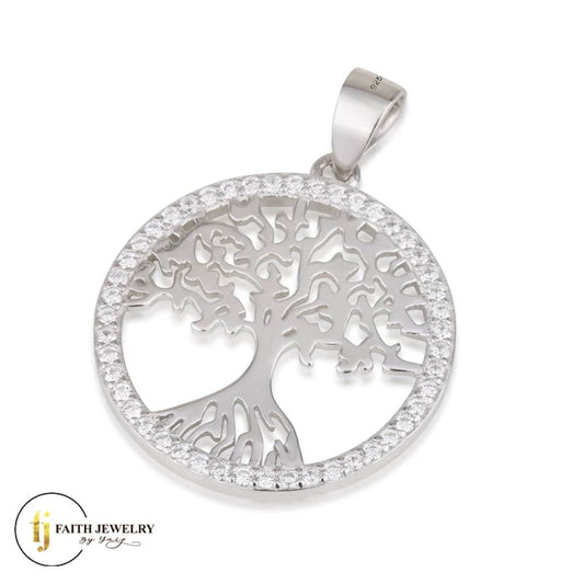 Sterling silver Tree of Life necklace with zircon stone border