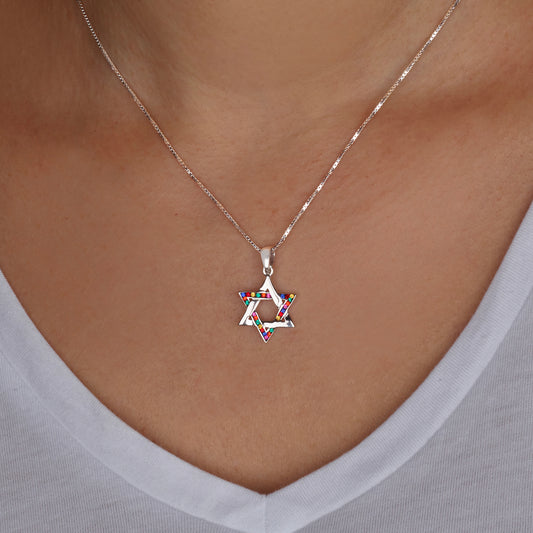 Small Star of David Necklace in Sterling Silver – Available in 4 Stone Colors